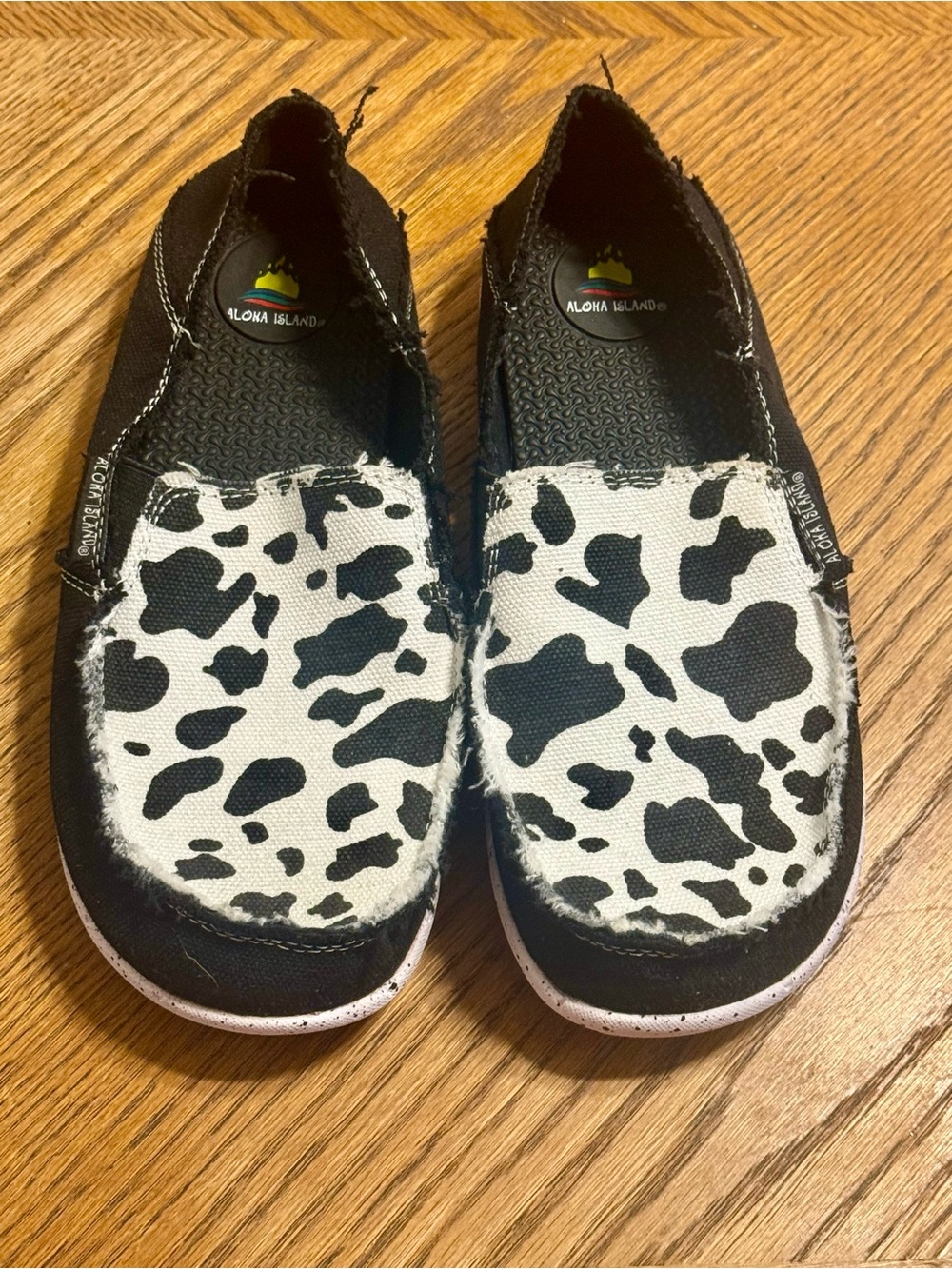 Aloha Island Cow Print Slip-On Shoes | Black & White Casual Canvas Flats | Like